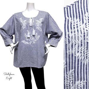 NEIMAN MARCUS Striped Embroidered Peasant Top XL